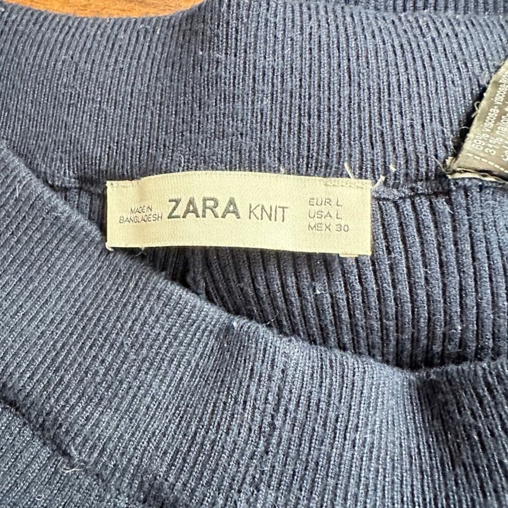 Zara Ribbed Knit Sweater Pants Large Petite Navy Wide Leg Loungewear Cozy Preppy - Picture 8 of 8